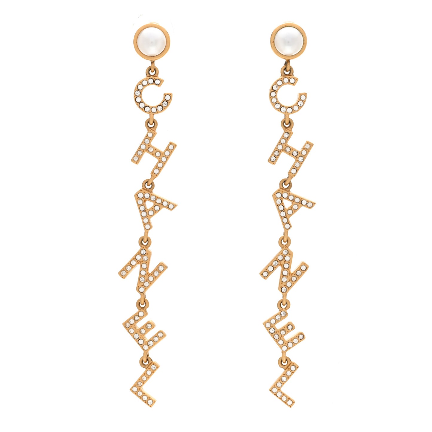 Crystal Pearl Logo Drop Earrings Gold