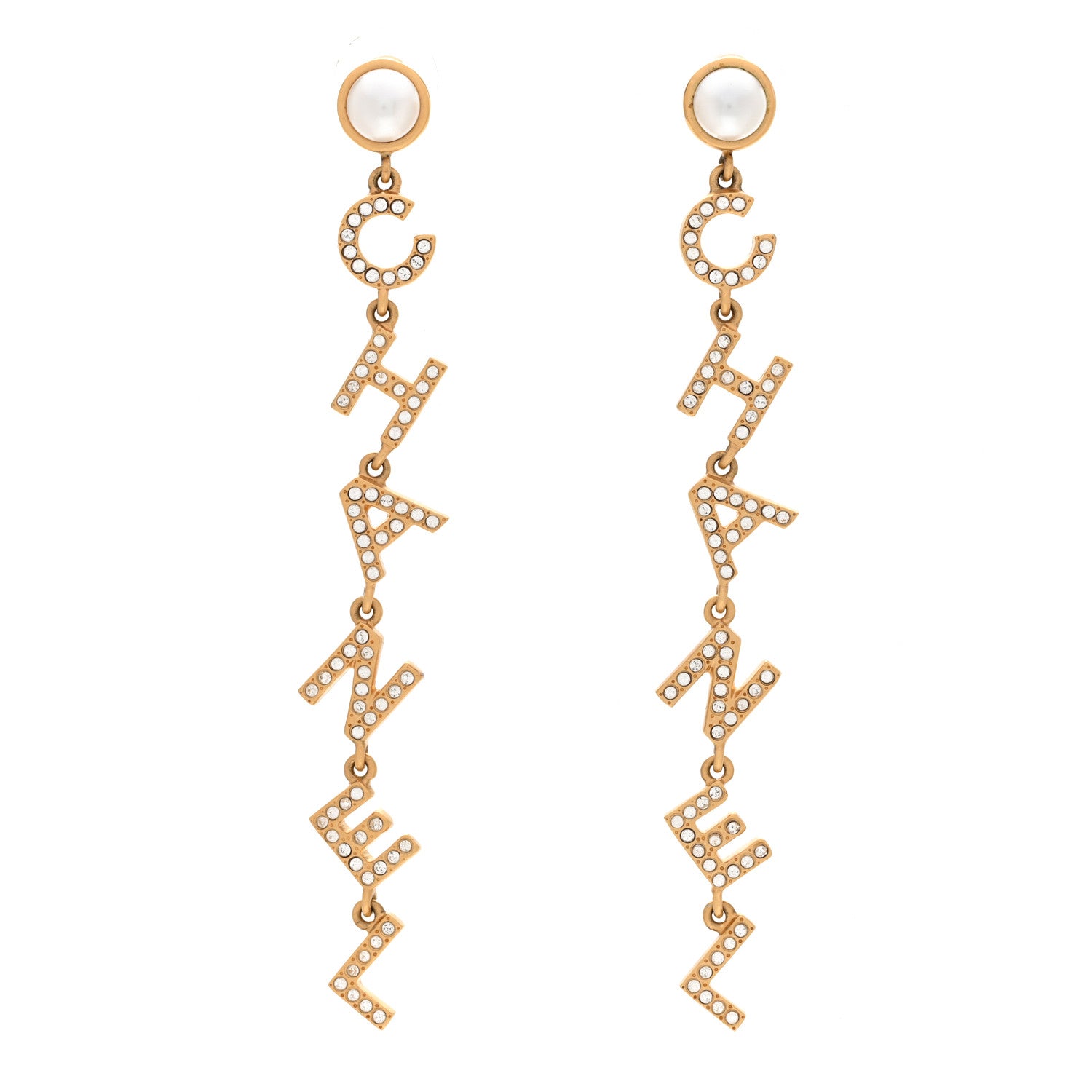 Chanel Crystal Pearl Logo Drop Earrings Gold 1 of 5