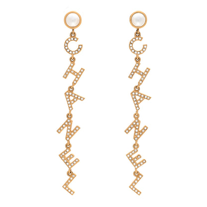 Chanel Crystal Pearl Logo Drop Earrings Gold 1 of 5