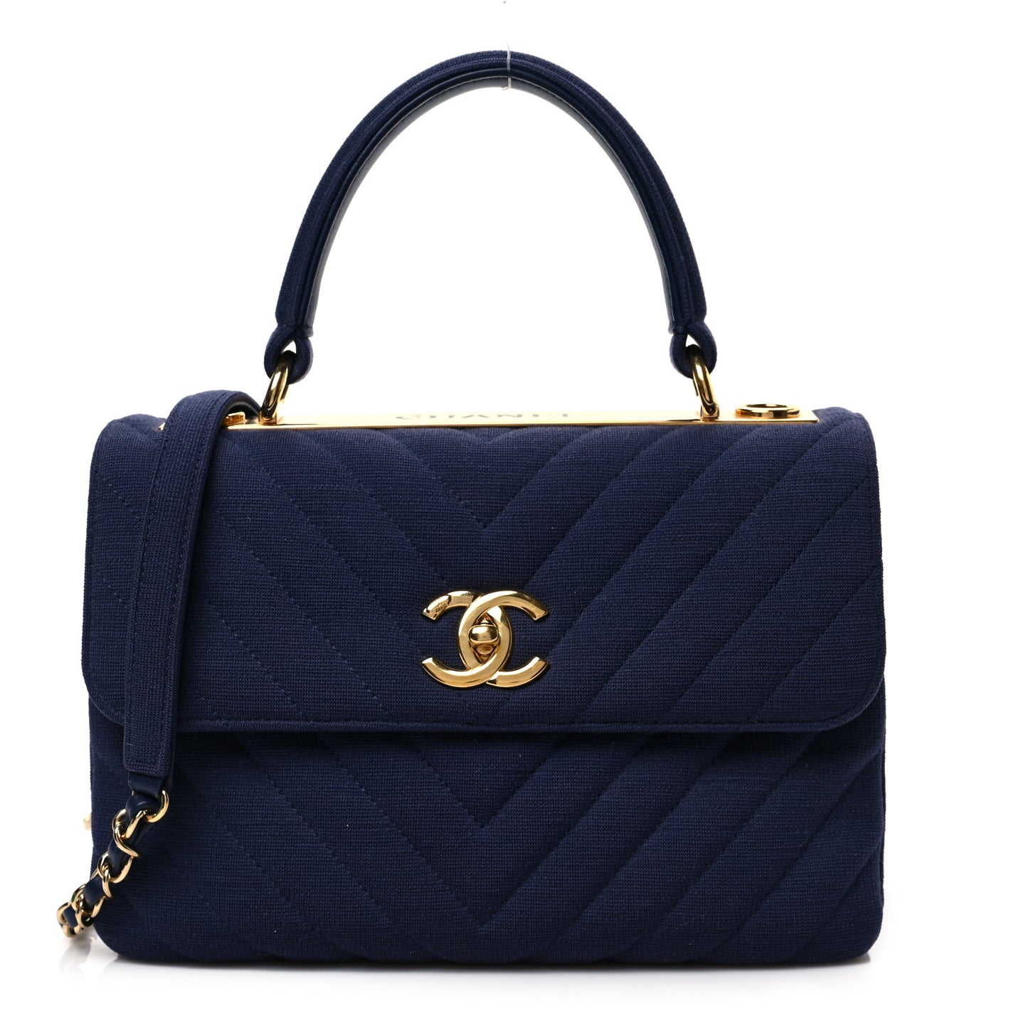 Jersey Chevron Quilted Small Trendy CC Dual Handle Flap Bag Navy Blue