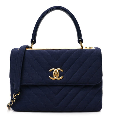 Chanel Jersey Chevron Quilted Small Trendy CC Dual Handle Flap Bag Navy Blue 1 of 7