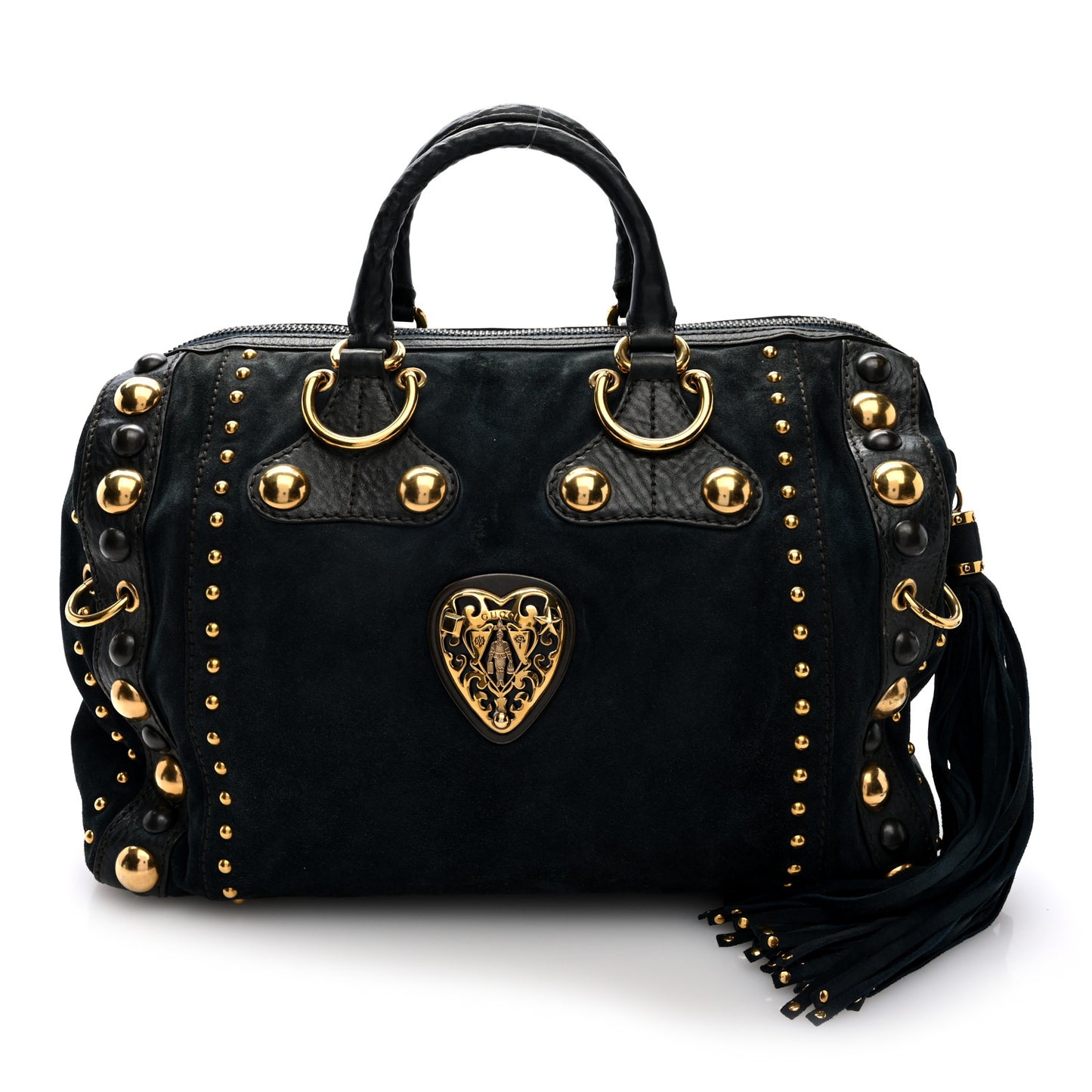 Suede Calfskin Large Babouska Studded Boston Blue