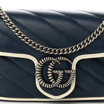 Gucci Vintage Effect Calfskin Matelasse Diagonal Super Mini Torchon GG Marmont Shoulder Bag Blue Agata Mystic White 8 of 10