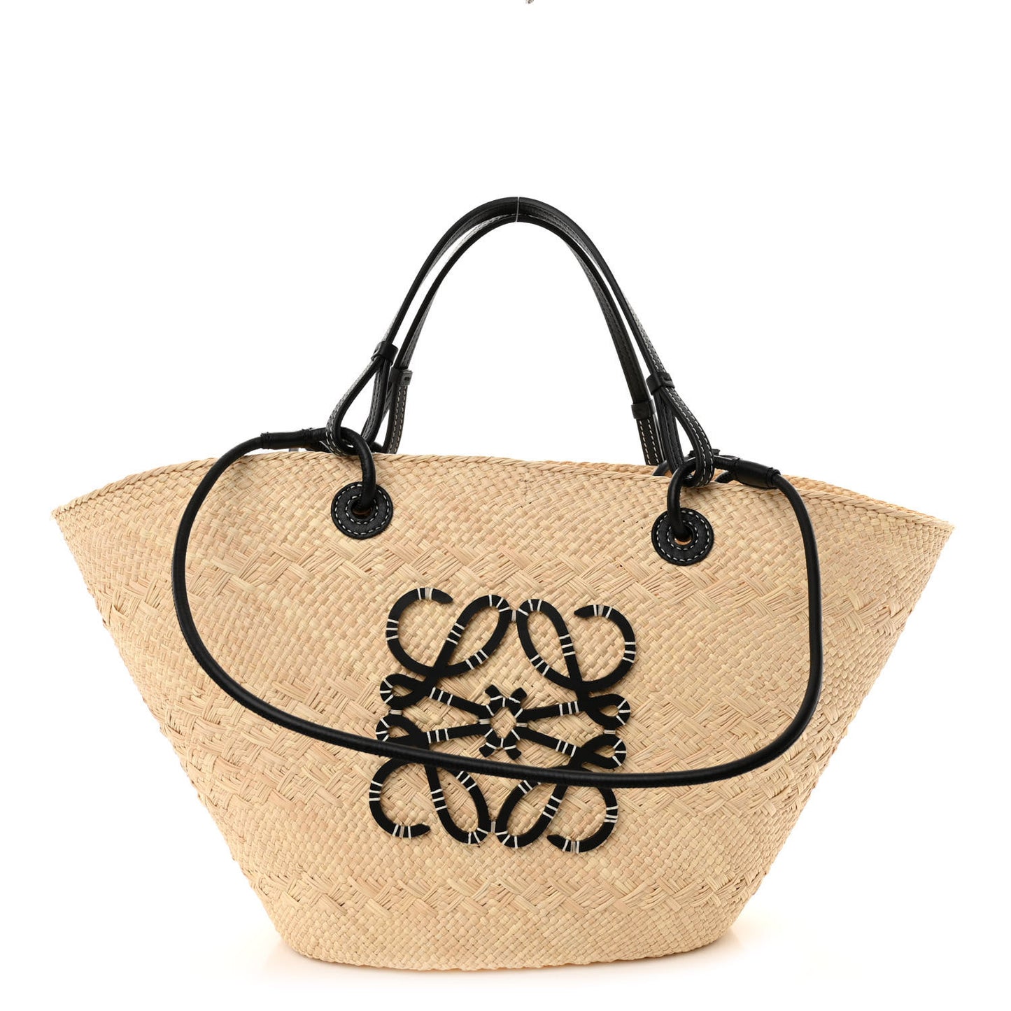 Iraca Palm Calfskin Medium Anagram Basket Bag Natural Black