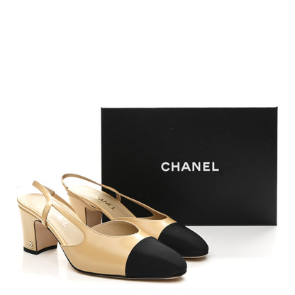 Chanel Goatskin Grosgrain Cap Toe CC Slingback Pumps 40.5 Beige Black 10 of 10