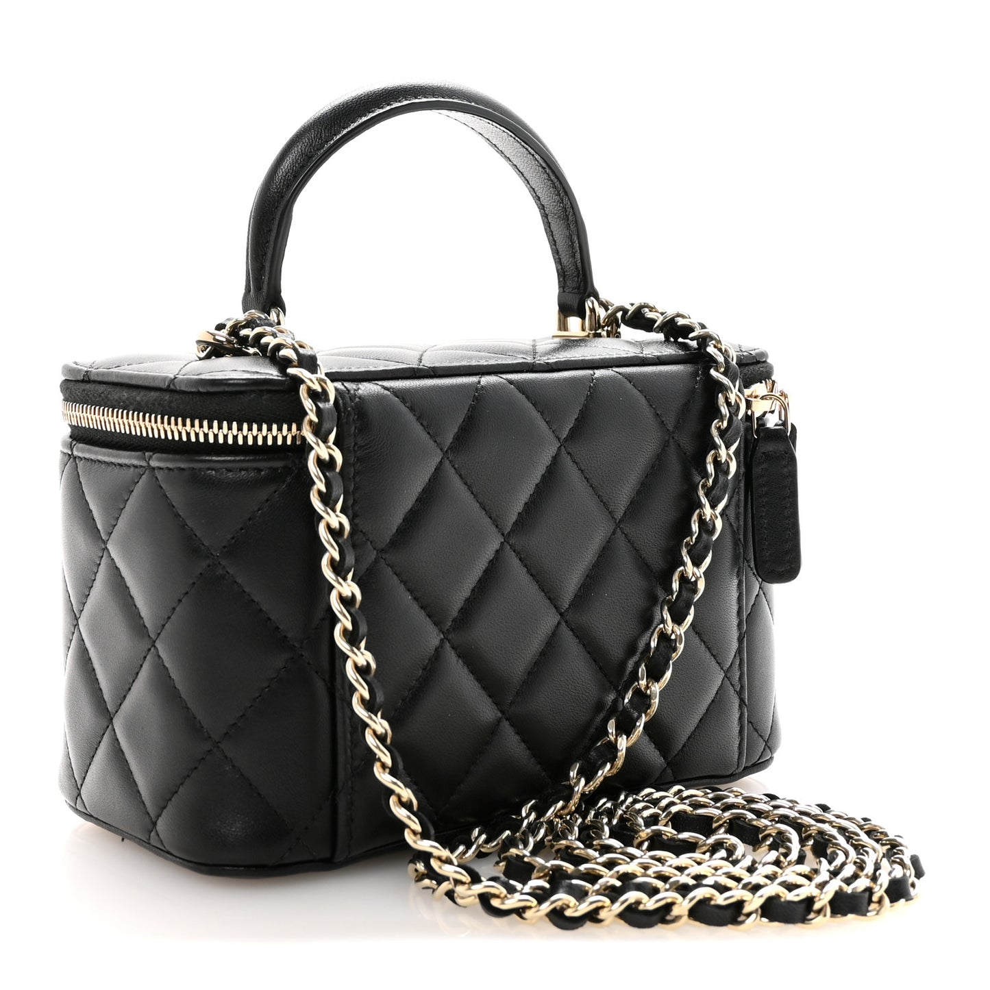 Lambskin Quilted Small Top Handle Vanity Case With Chain Black