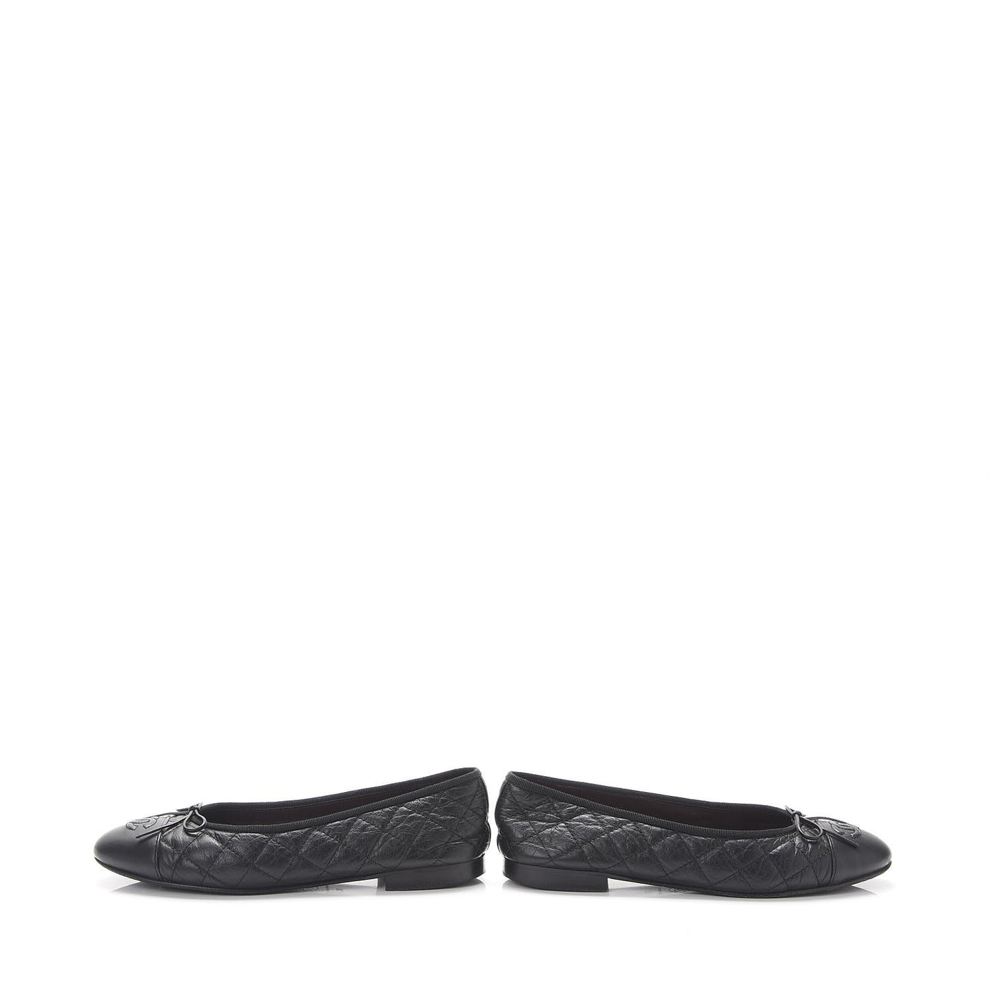 Aged Calfskin Quilted Cap Toe Ballerina Flats 38 Black
