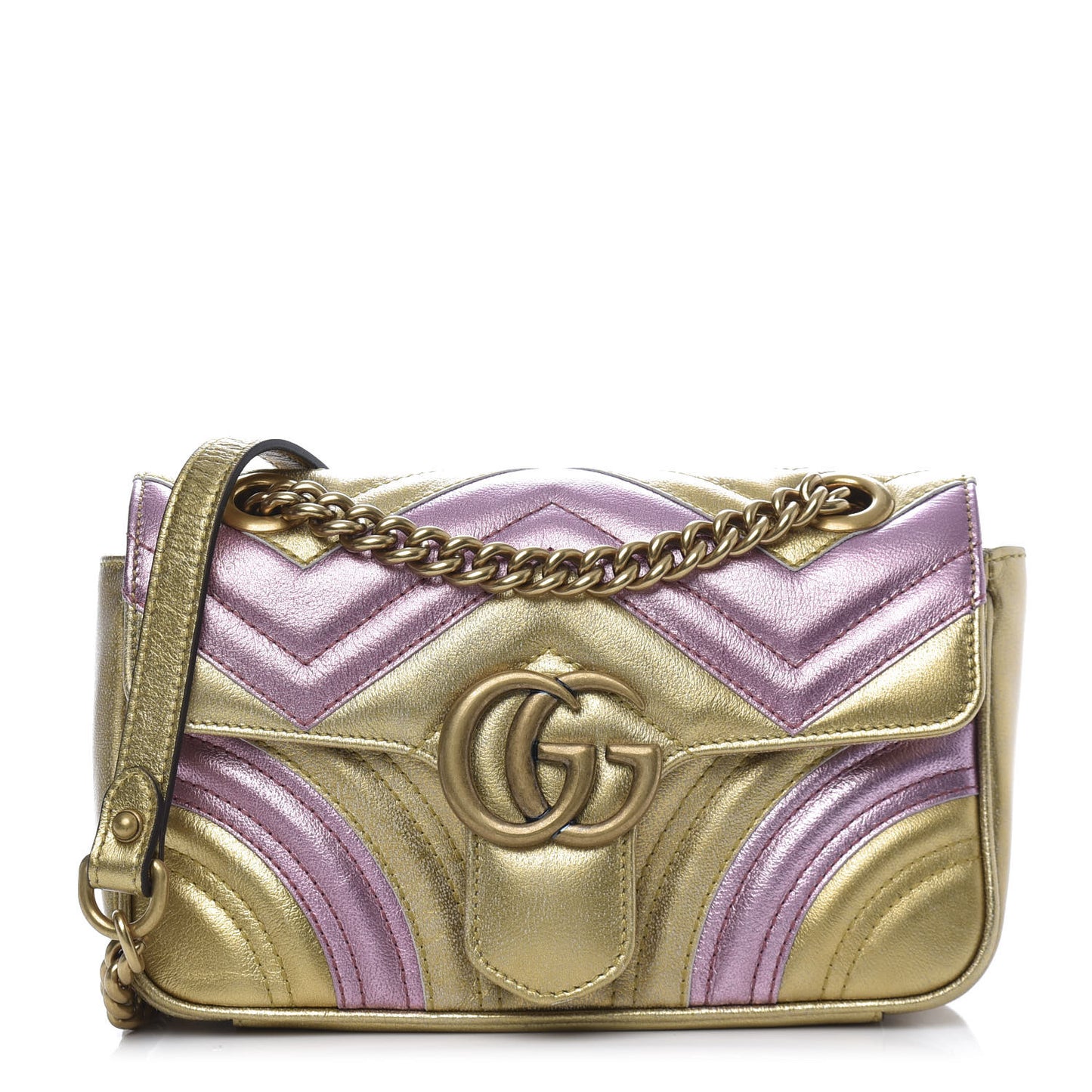 Metallic Calfskin Matelasse Mini GG Marmont Shoulder Bag Gold Pink