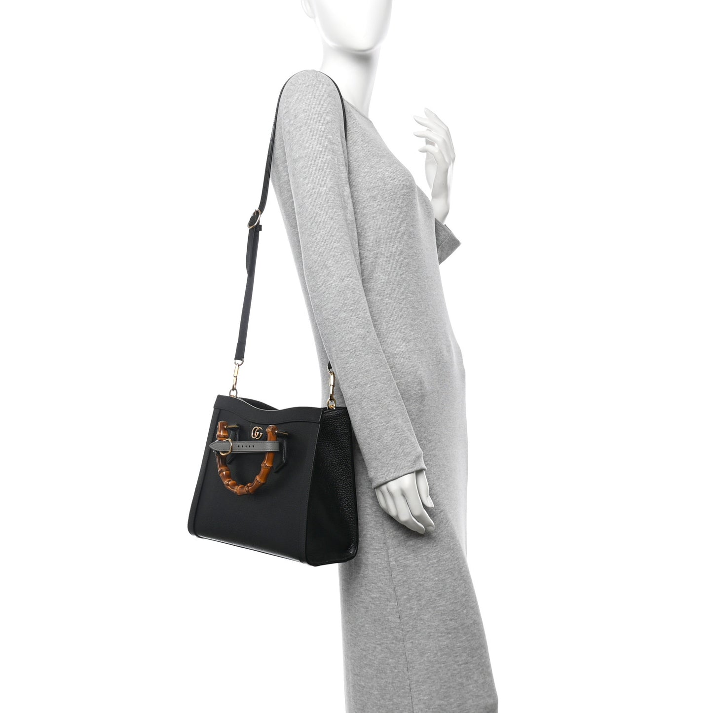 Textured Dollar Calfskin Web Small Diana Tote Bag Black Dusty Grey
