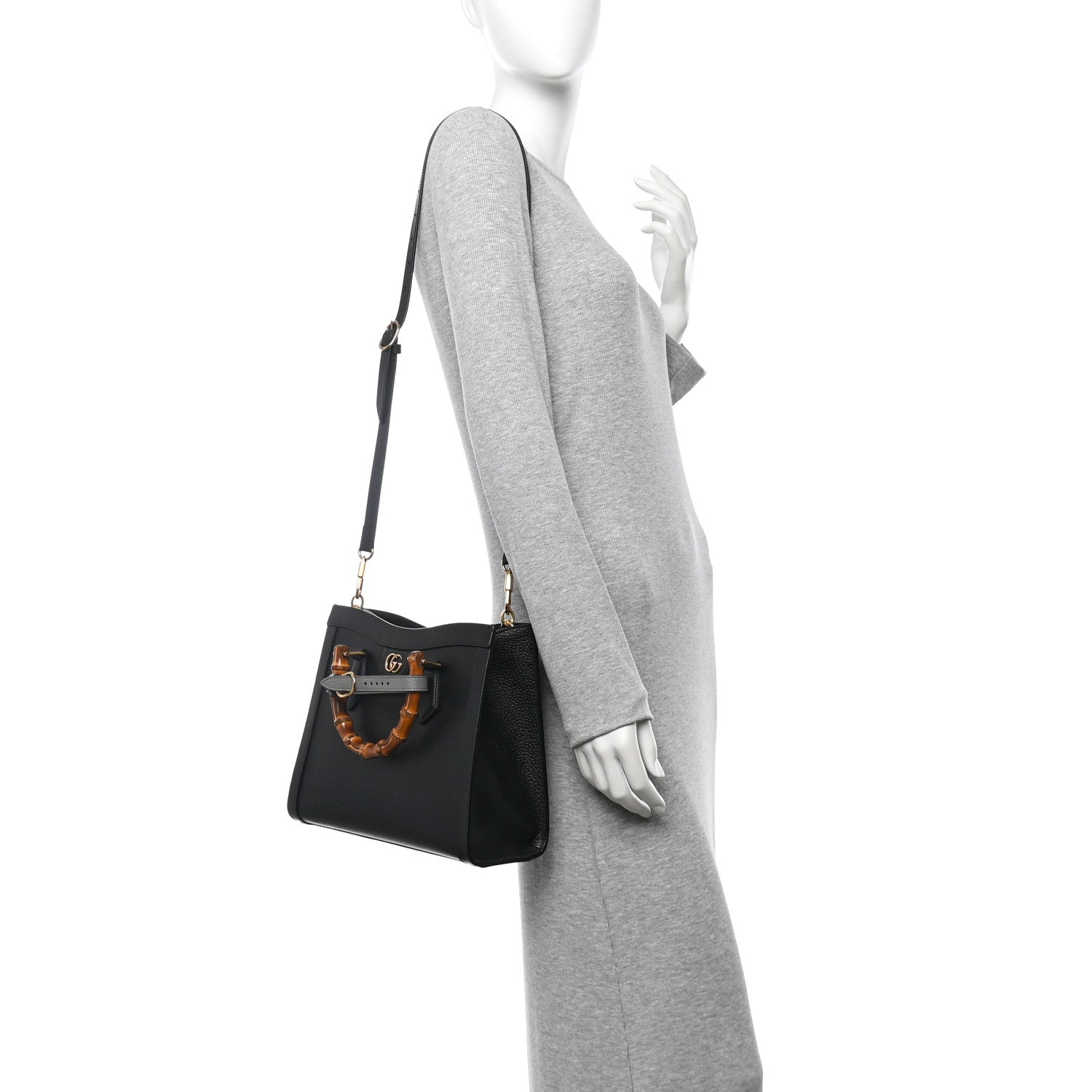 Gucci Textured Dollar Calfskin Web Small Diana Tote Bag Black Dusty Grey 2 of 9
