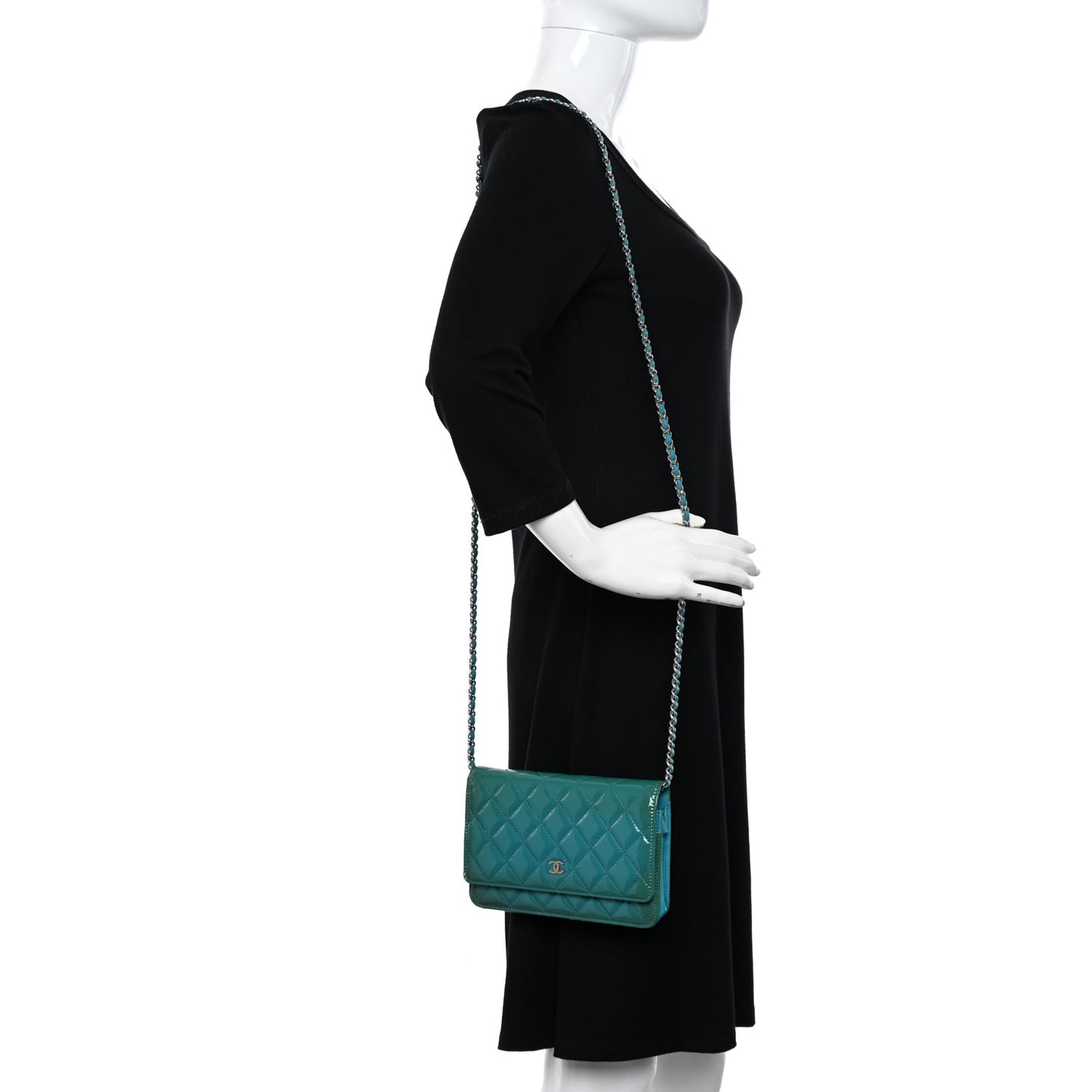 Patent Quilted Wallet On Chain WOC Turquoise Blue