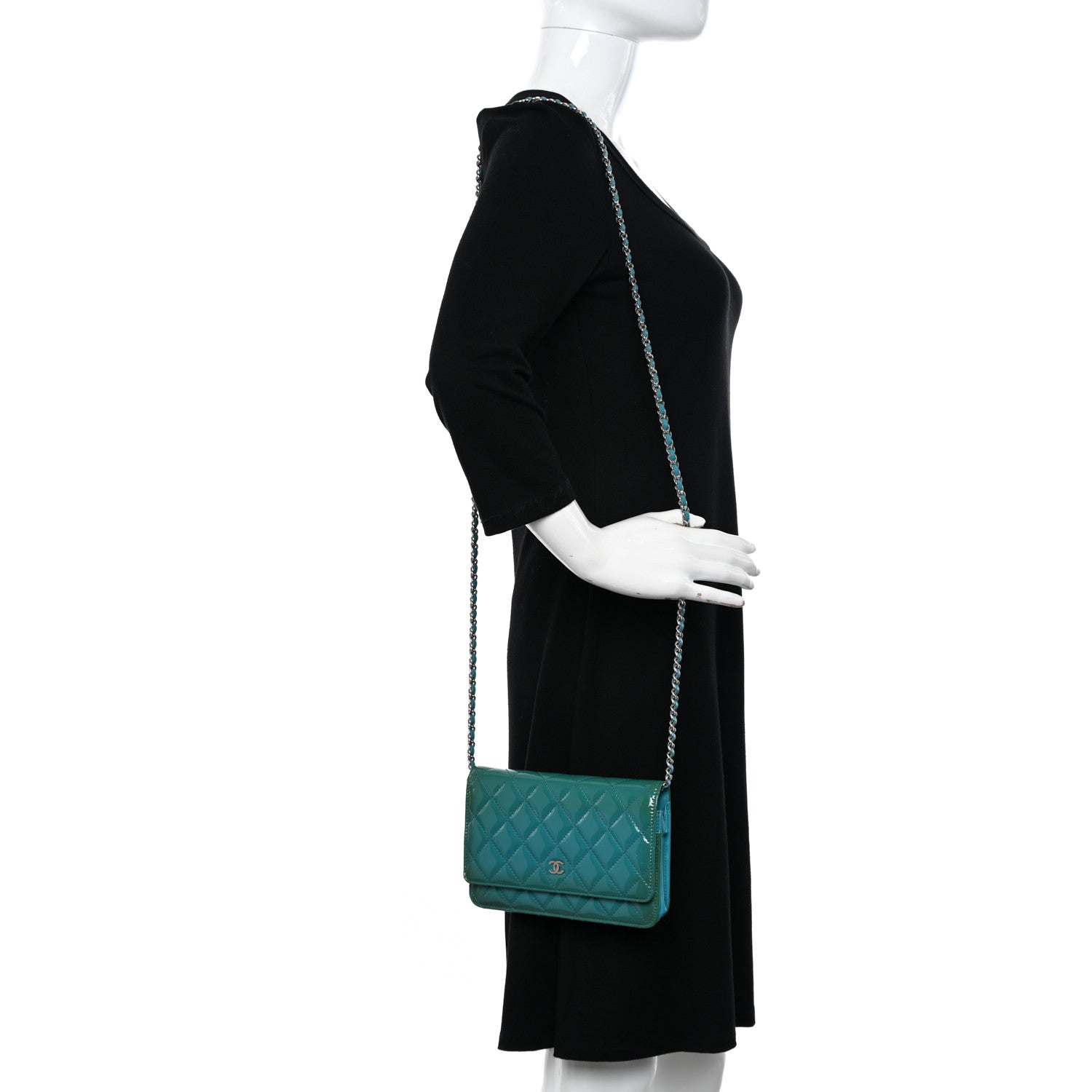 Chanel Patent Quilted Wallet On Chain WOC Turquoise Blue 2 of 13