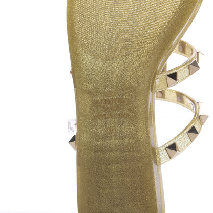 Valentino Garavani PVC Jelly Glitter Rockstud Caged Flat Thong Sandals 36 Oro 8 of 9