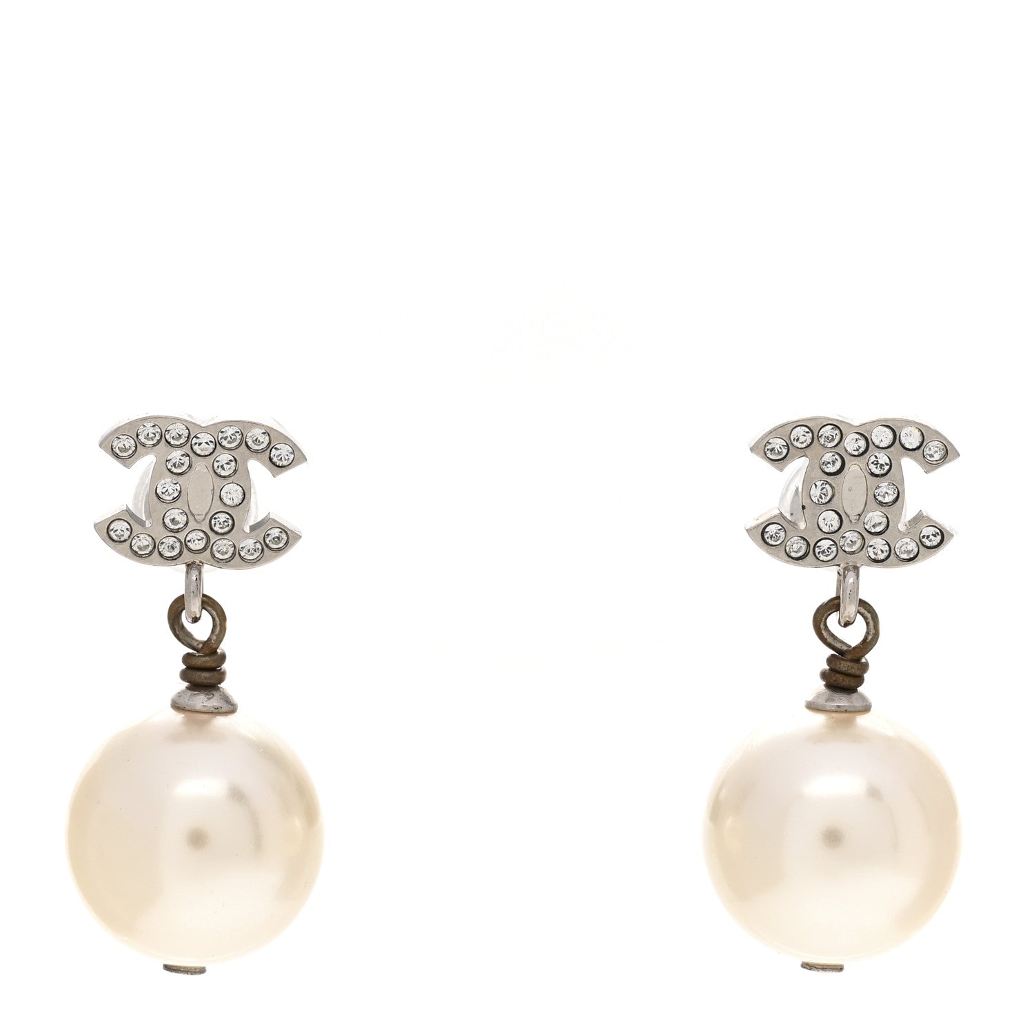 Chanel Crystal Pearl CC Drop Earrings Silver Pearly White 1 of 5