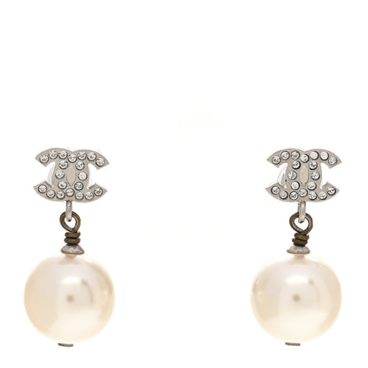 Chanel Crystal Pearl CC Drop Earrings Silver Pearly White 1 of 5