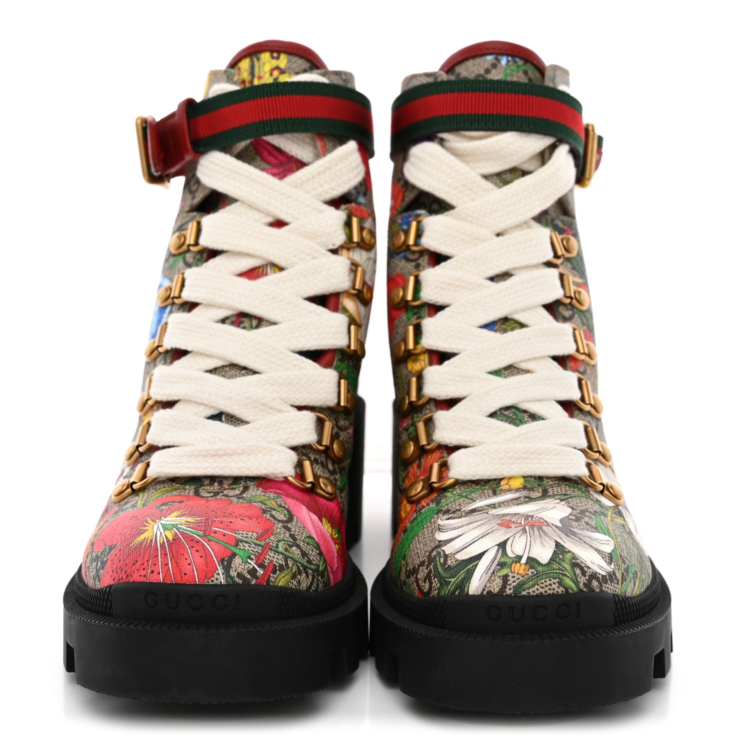 Gucci GG Supreme Monogram Flora Lace Up Combat Ankle Boots 36 Beige Multicolor Red 3 of 9