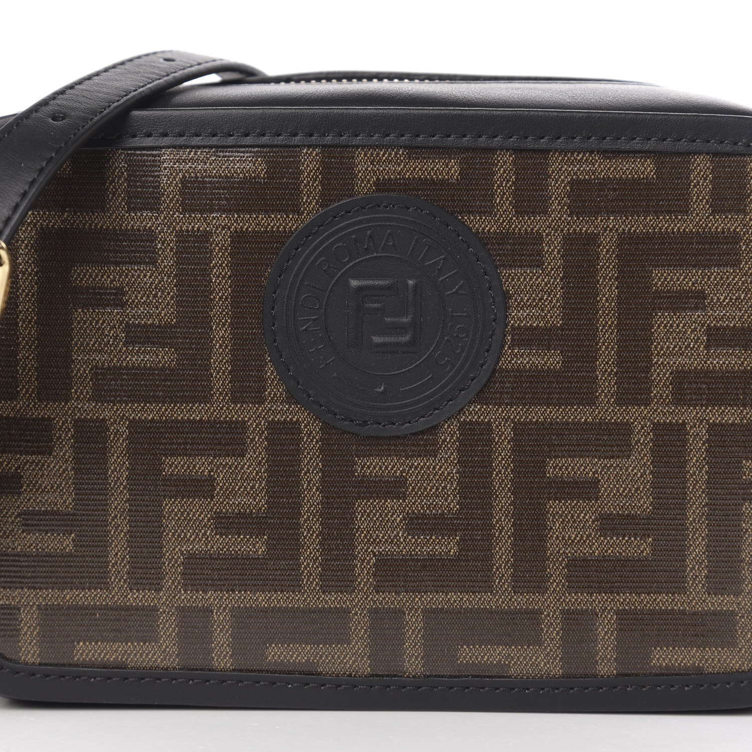 Fendi Glazed Fabric Vitello Century FF 1974 Stamp Patch Mini Camera Case Mogano Panna Black 9 of 9