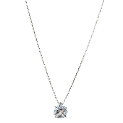 David Yurman Sterling Silver Diamond Blue Topaz 10mm Petite Cable Wrap Pendant Necklace 1 of 6