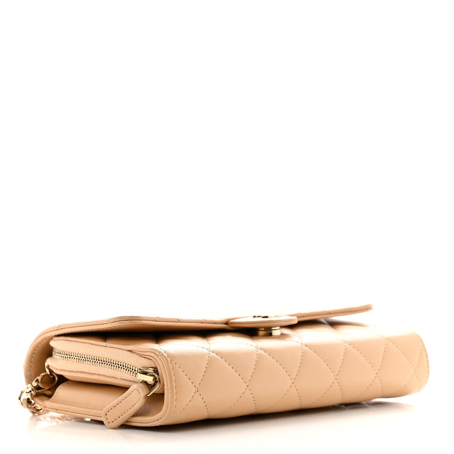 Lambskin Quilted Phone Holder Wallet on Removable Chain Beige