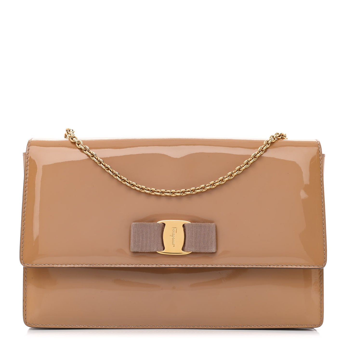 Patent Calfskin Vara Bow Chain Flap Crossbody Beige