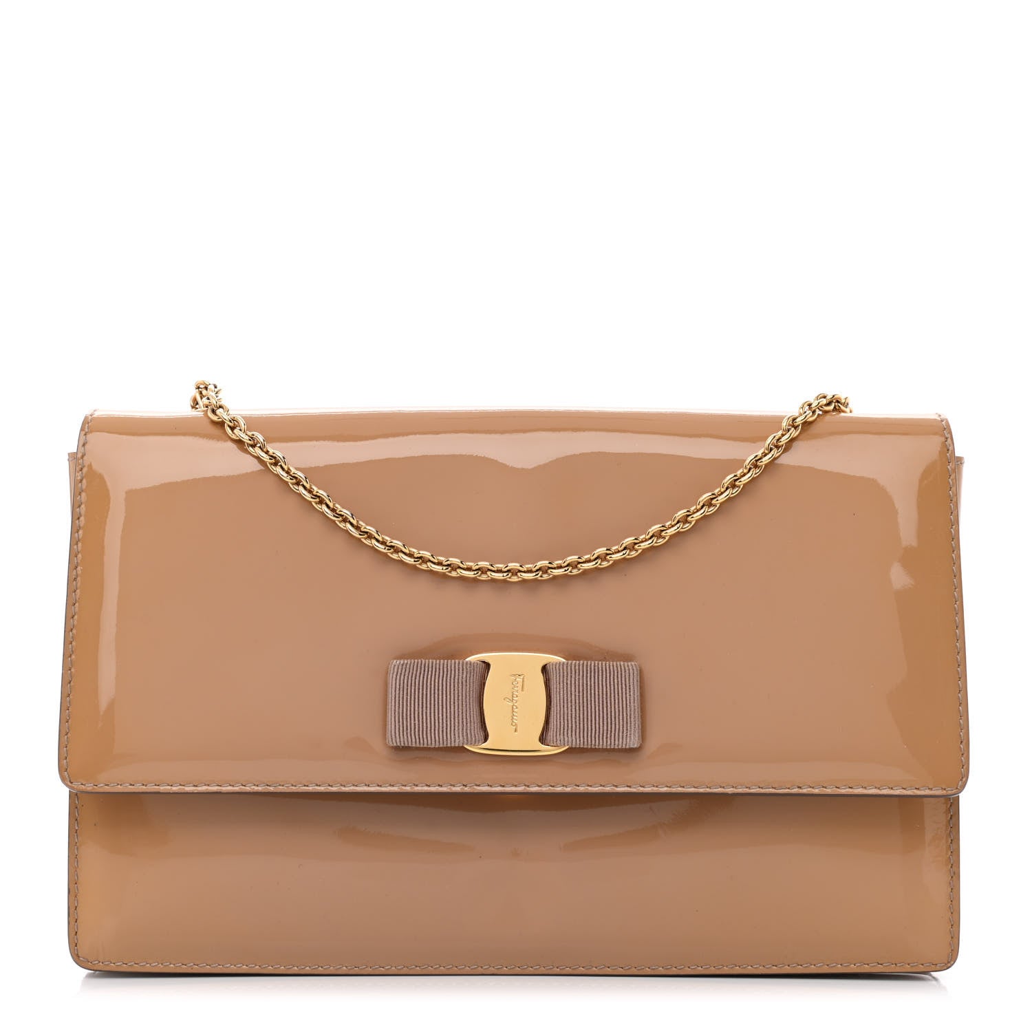 Salvatore Ferragamo Patent Calfskin Vara Bow Chain Flap Crossbody Beige 1 of 11