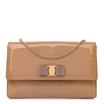 Salvatore Ferragamo Patent Calfskin Vara Bow Chain Flap Crossbody Beige 1 of 11