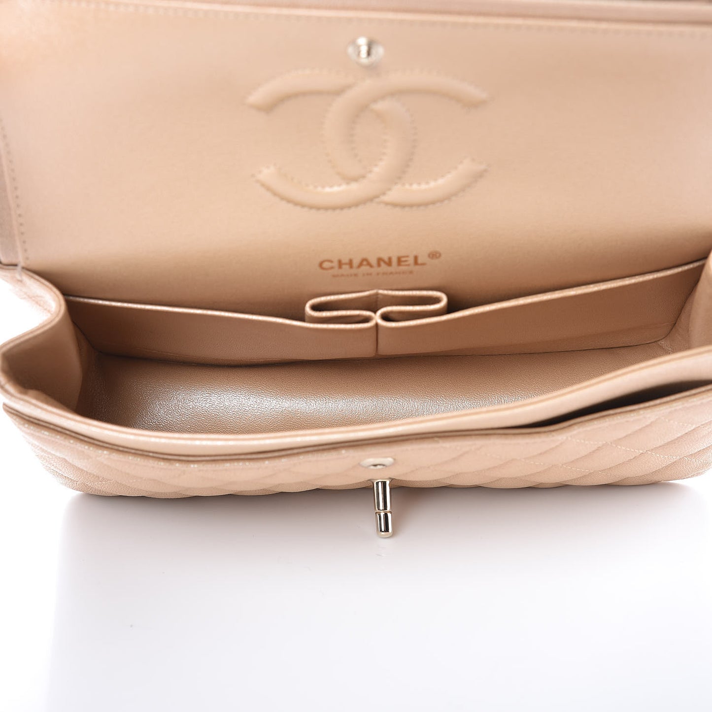 Iridescent Caviar Quilted Medium Double Flap Beige