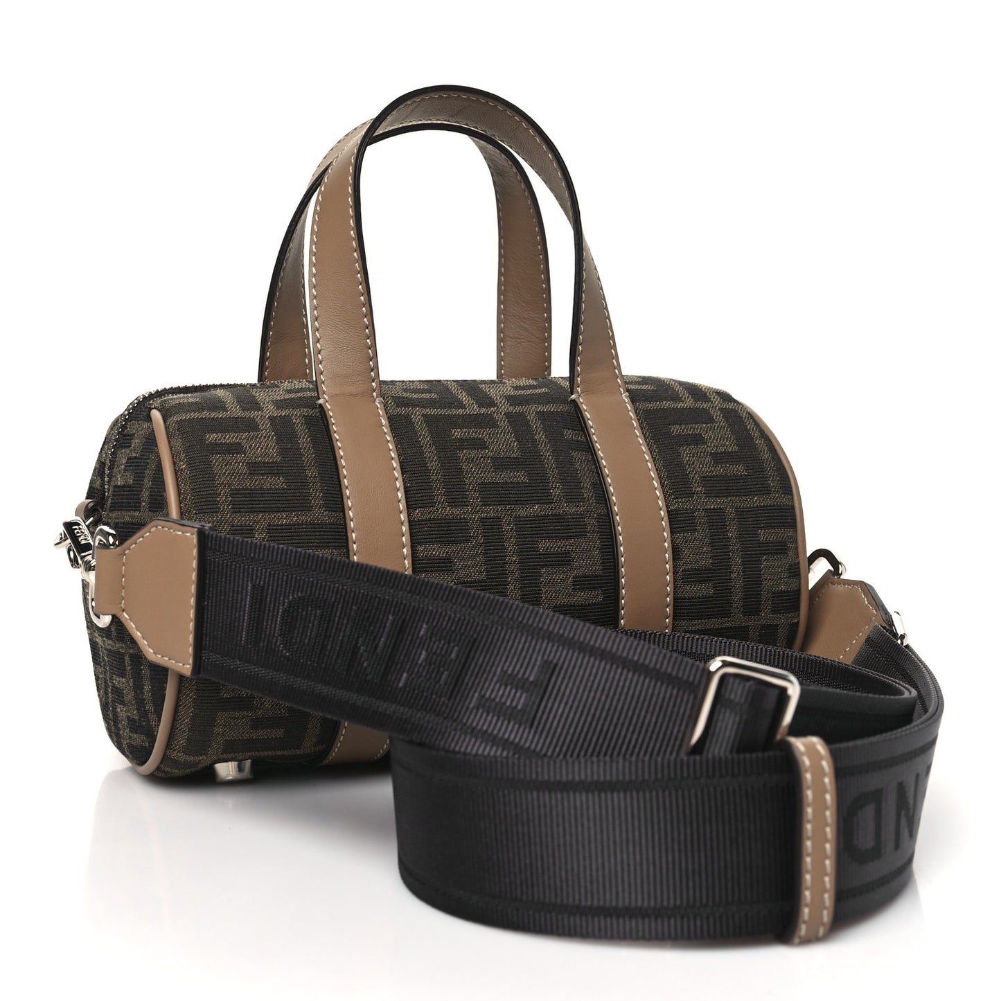 Recycled Fabric Jacquard Vitello Grace FF 1974 Mini O'Lock Bowling Bag Tobacco Moro Sand