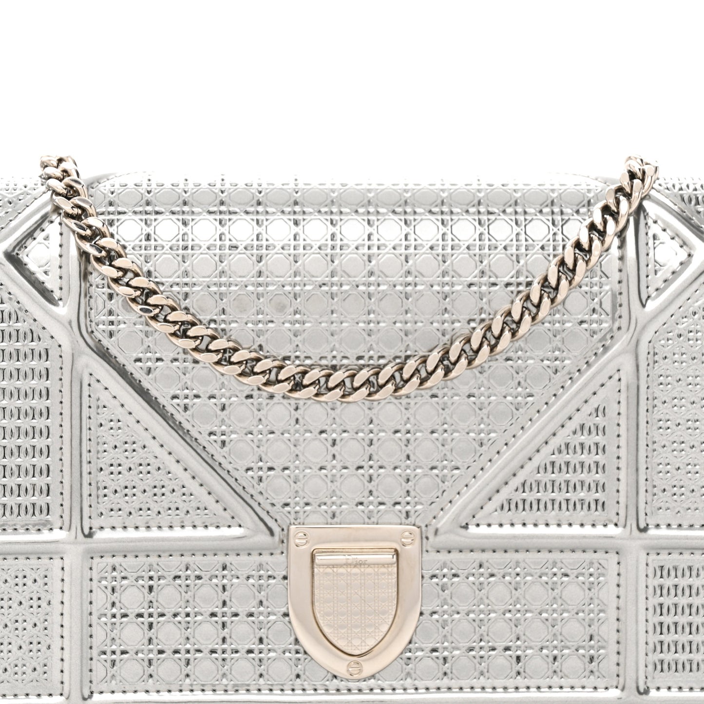 Metallic Patent Micro-Cannage Diorama Wallet on Chain Pouch Silver