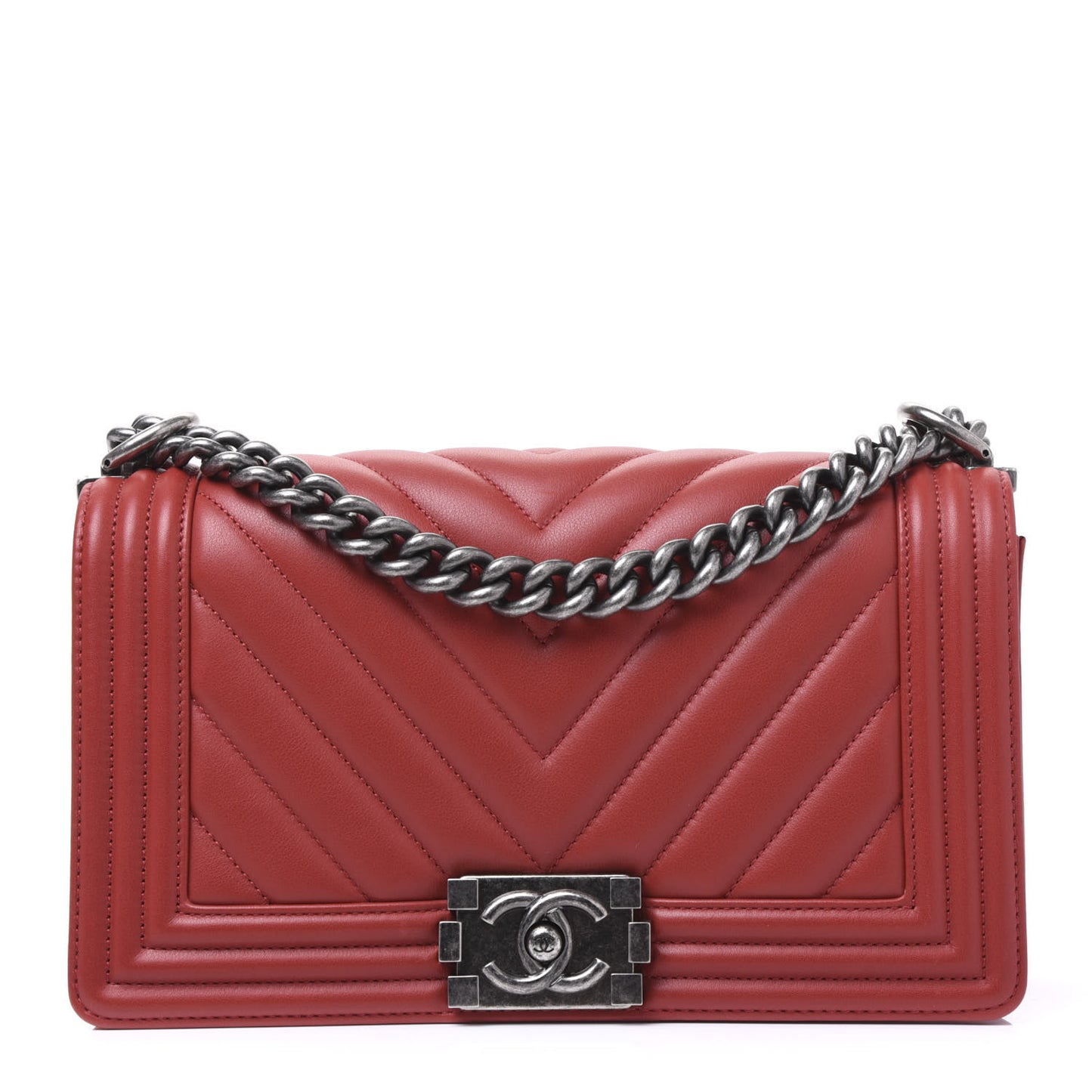 Calfskin Chevron Quilted Medium Boy Flap Dark Red