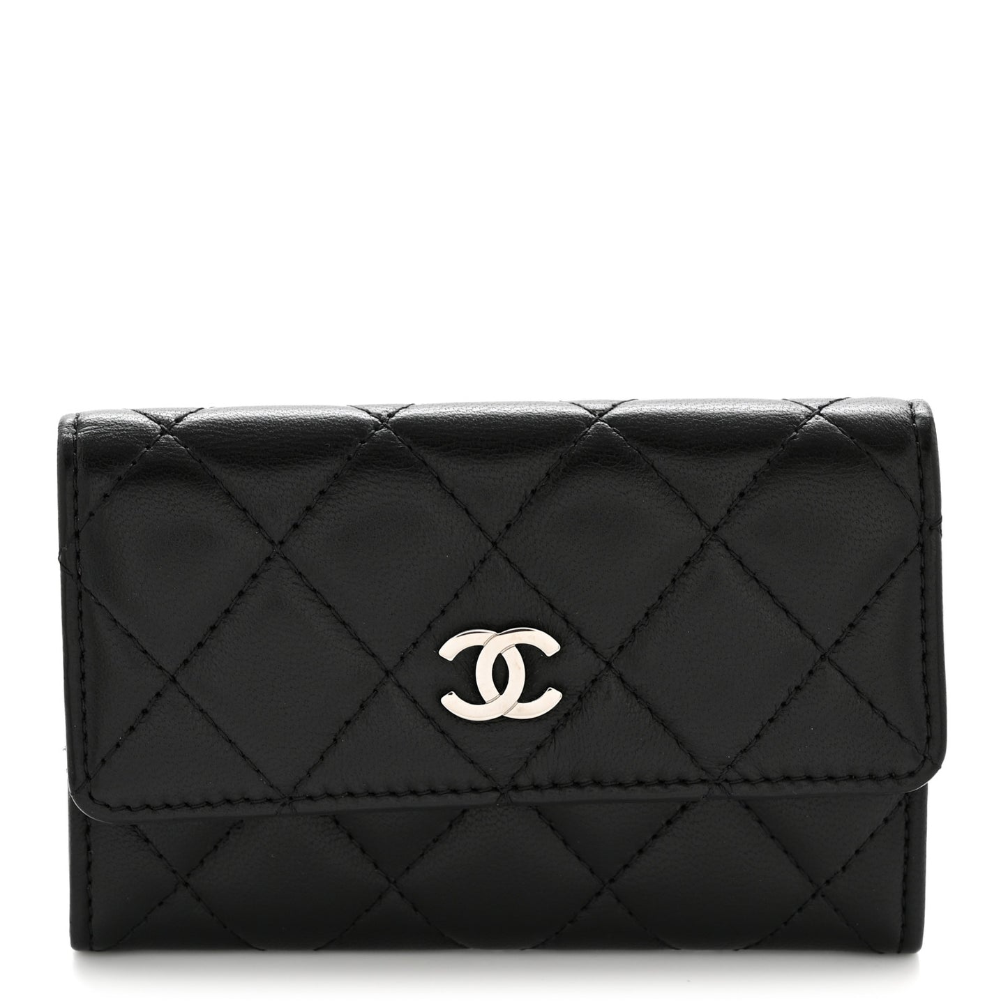 Lambskin Quilted Flap Card Holder Black