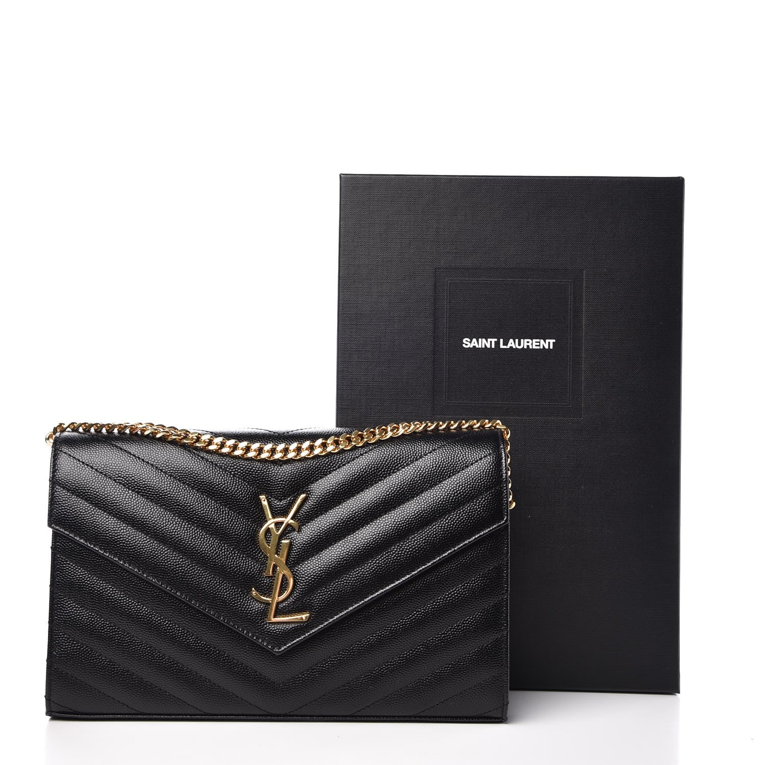 Saint Laurent Grain De Poudre Matelasse Chevron Monogram Chain Wallet Black 8 of 8