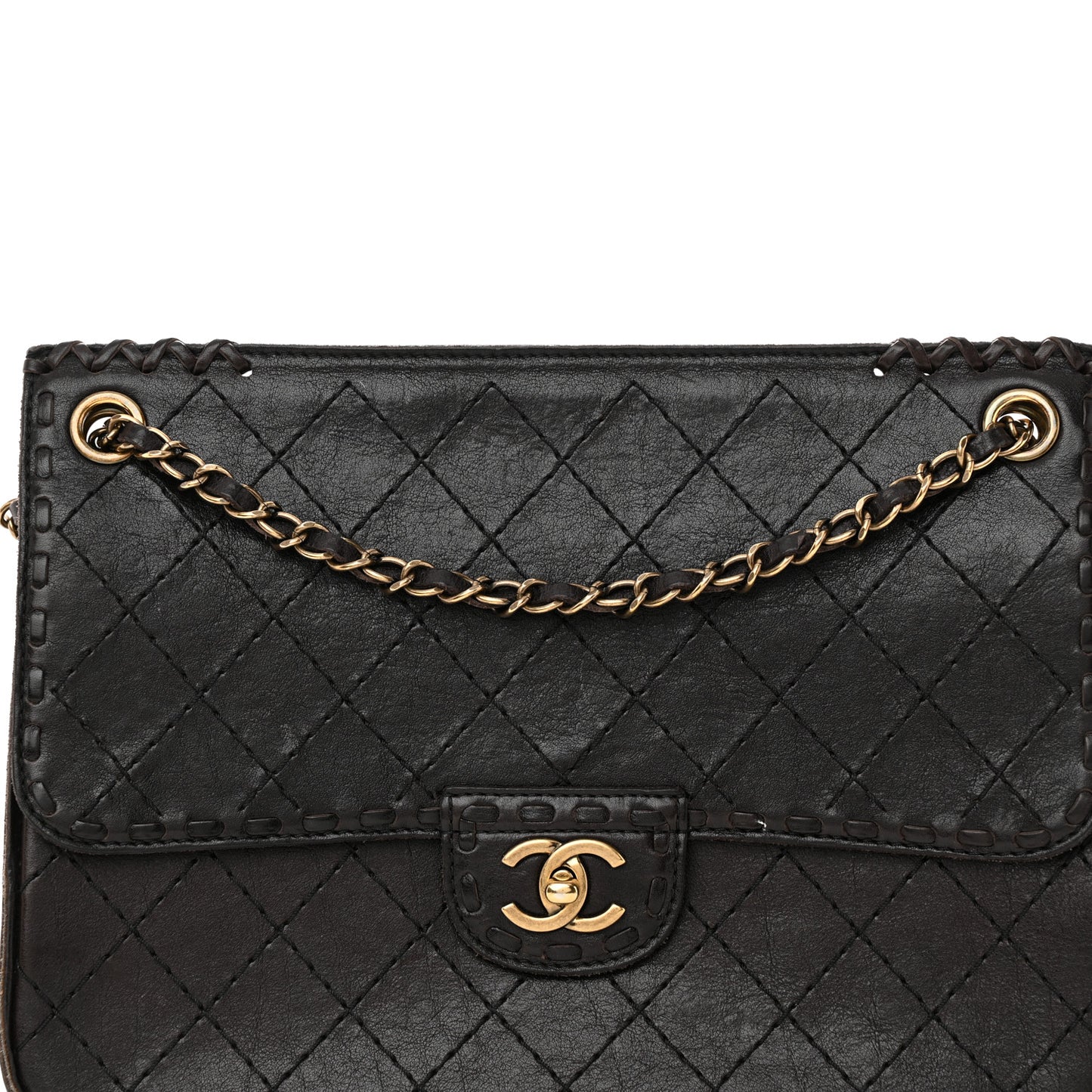 Calfskin Stitched Large Vintage Flap Dark Brown