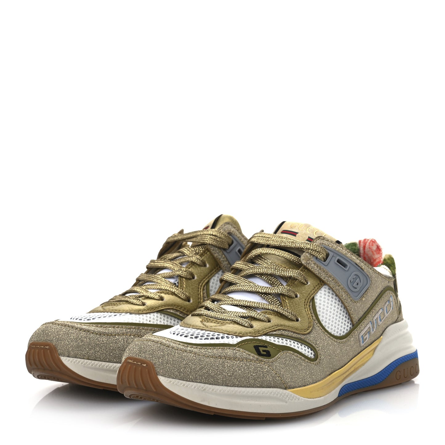 Metallic Calfskin Glitter Mesh Womens Ultrapace Sneakers 39.5 Gold