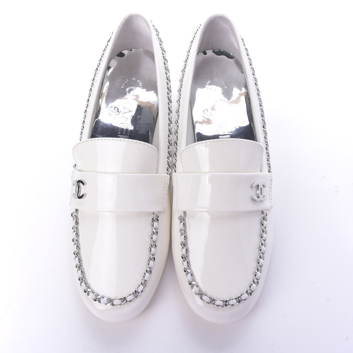 Patent Calfskin CC Chain Mocassin Loafers 37 White