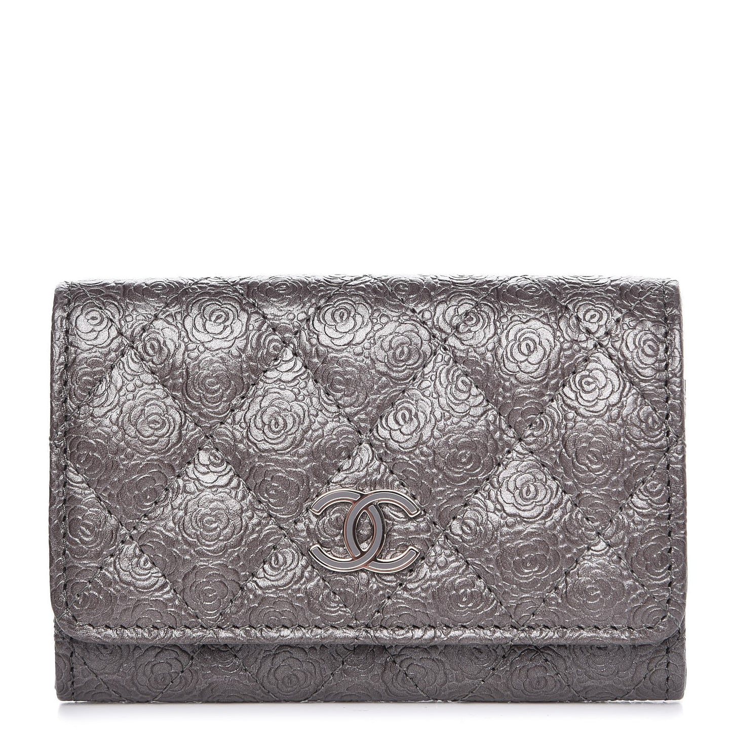 Metallic Camellia Calfskin Embossed Quilted Card Holder Grey