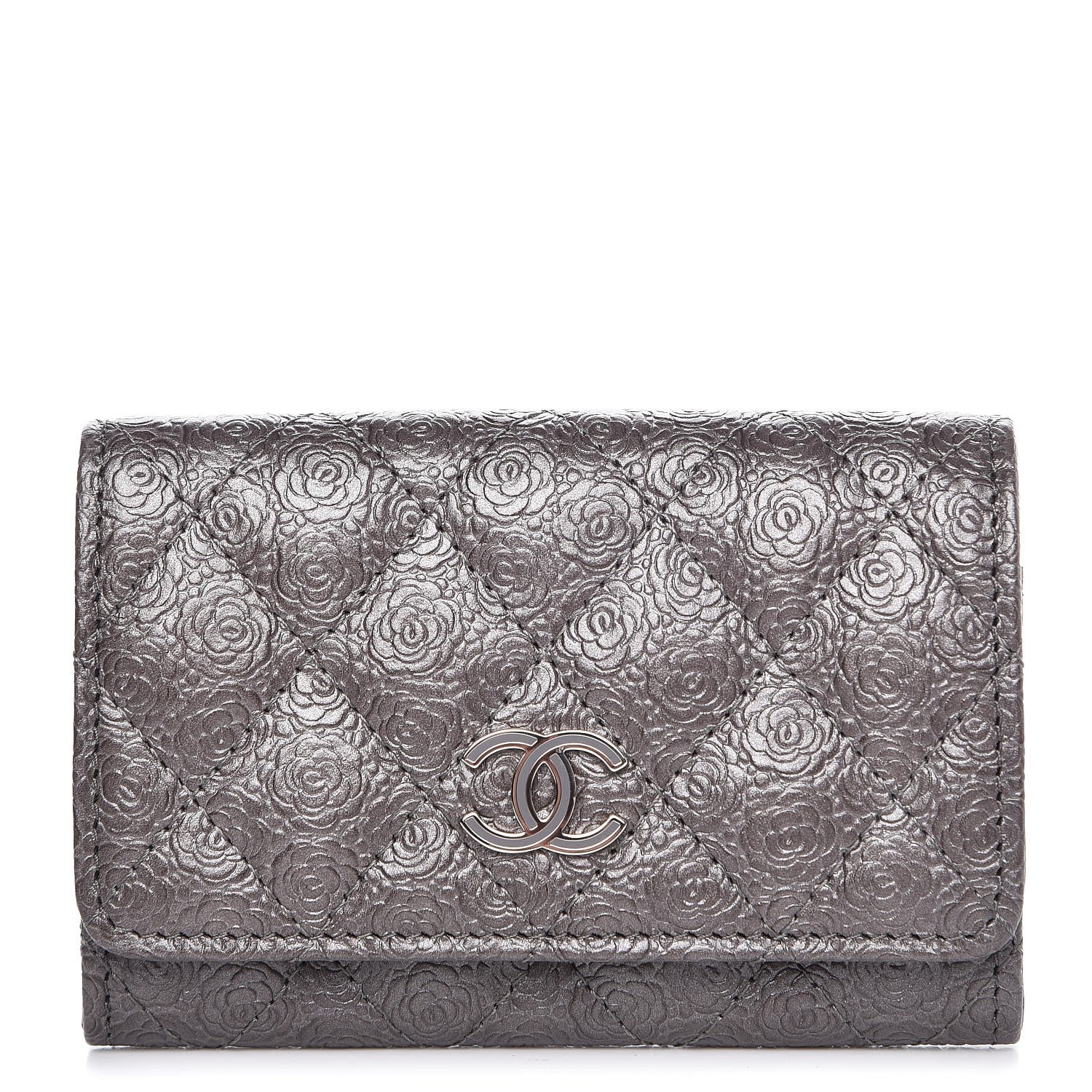 Chanel Metallic Camellia Calfskin Embossed Quilted Card Holder Grey 1 of 8