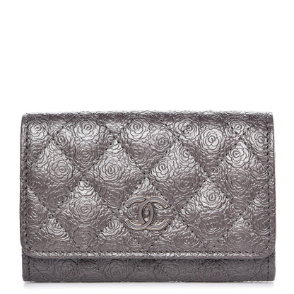 Chanel Metallic Camellia Calfskin Embossed Quilted Card Holder Grey 1 of 8