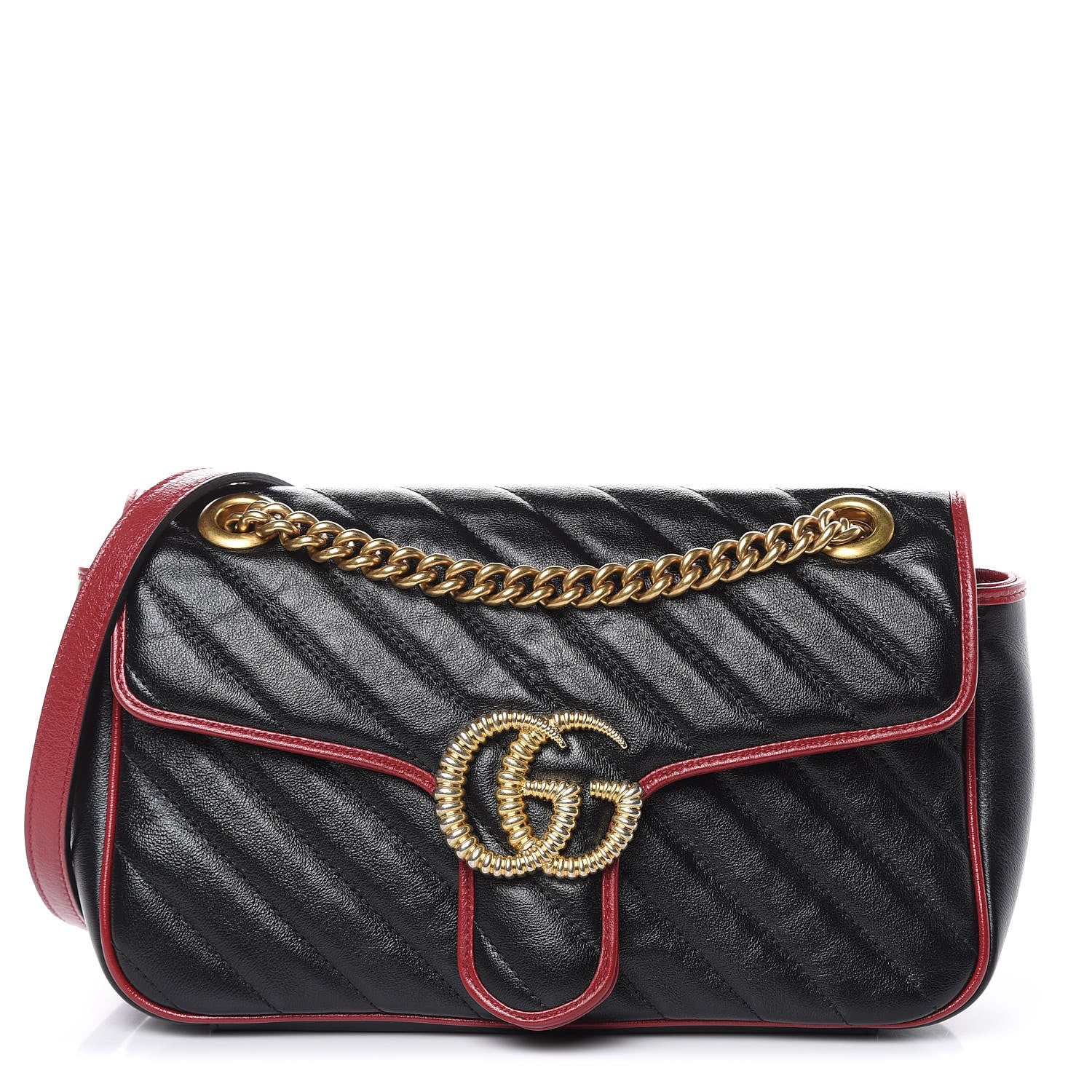 Gucci Vintage Effect Calfskin Matelasse Diagonal Small Torchon GG Marmont Shoulder Bag Black Romantic Cherry 1 of 10