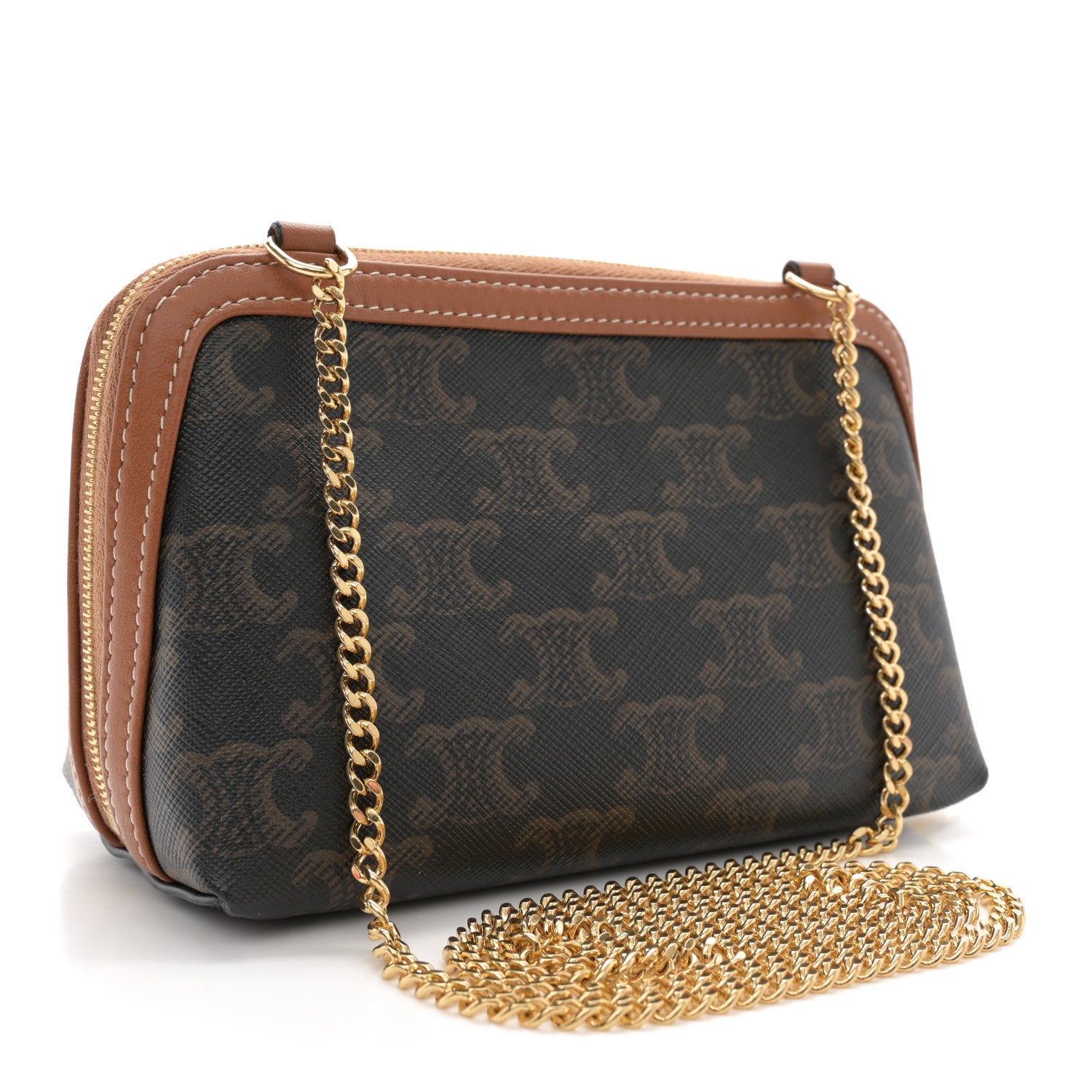 Celine Triomphe Canvas Lambskin Clutch On Chain Tan 3 of 12
