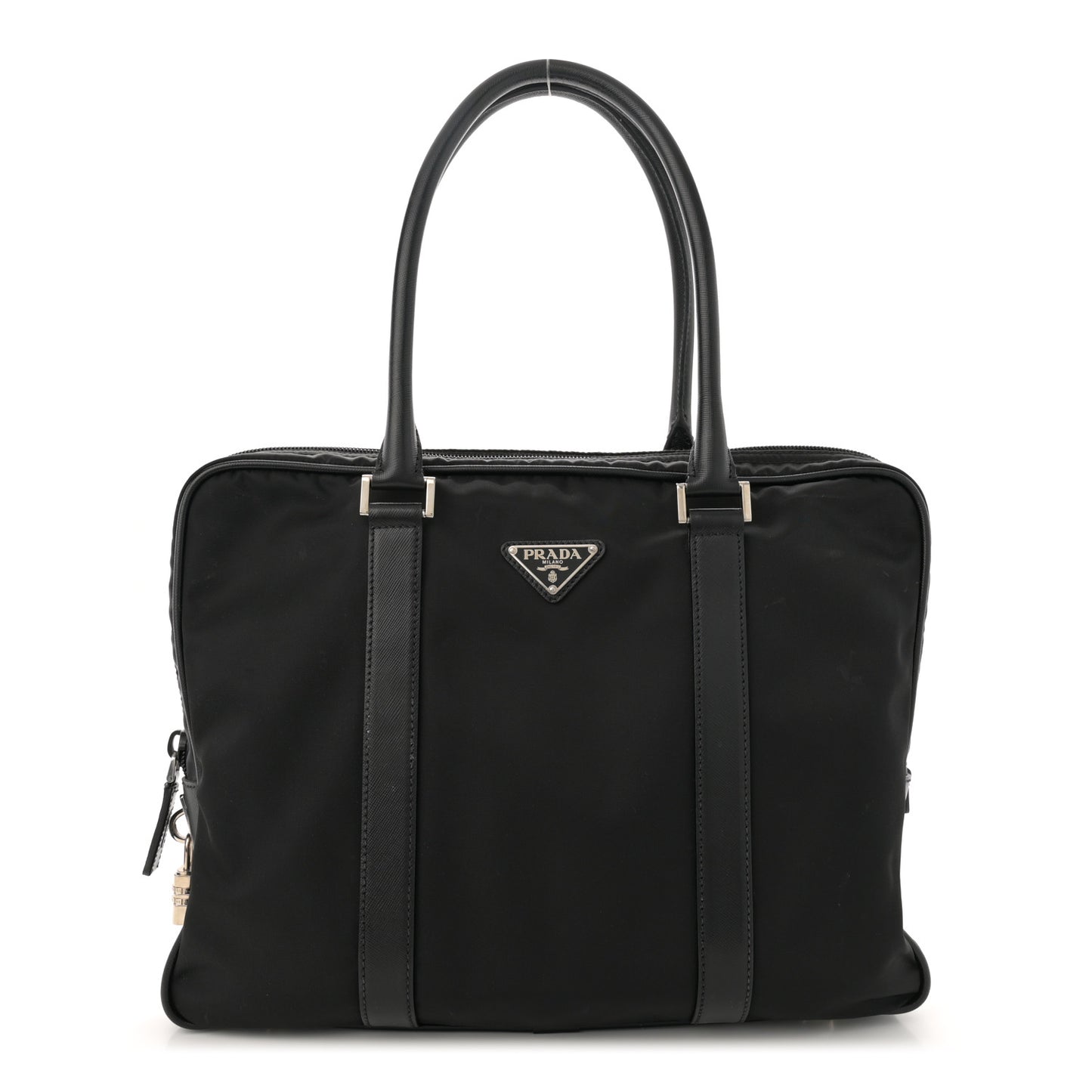 Tessuto Nylon Saffiano Metal Triangle Logo Work Bag Black