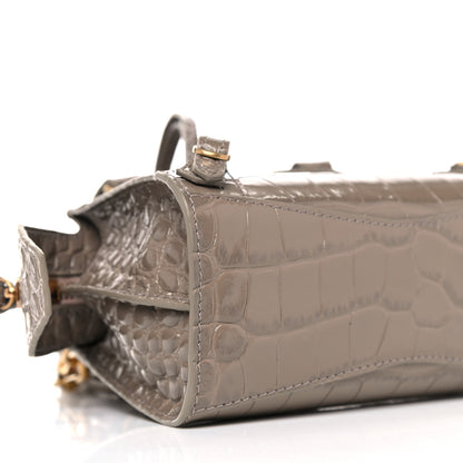 Balenciaga Shiny Supple Calfskin Crocodile Embossed Neo Classic Gold Hardware Nano City Crossbody Mink Grey 7 of 8