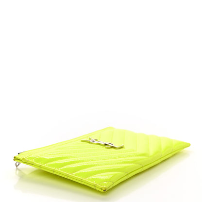 Saint Laurent Patent Grain De Poudre Matelasse Chevron Monogram Bill Pouch Neon Yellow 4 of 9