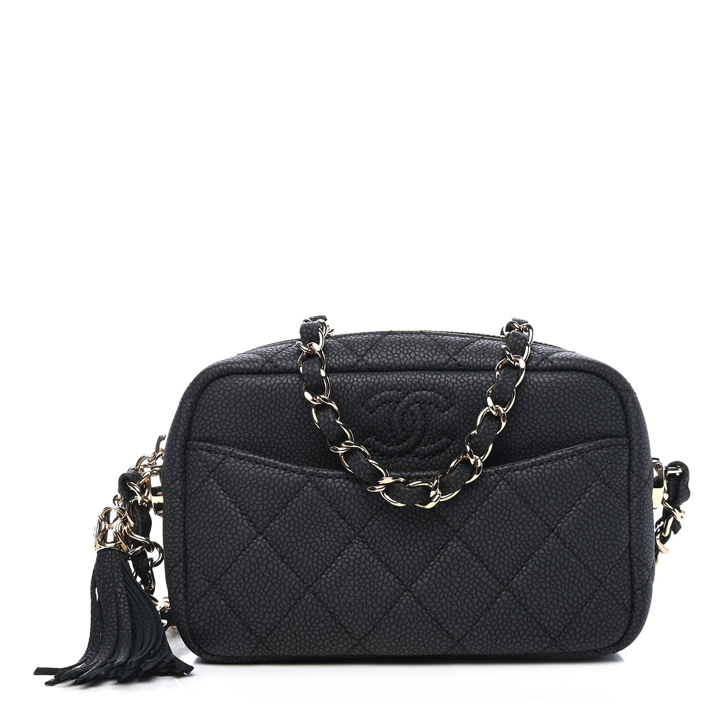 Iridescent Caviar Quilted Mini Coco Tassel Camera Case Black