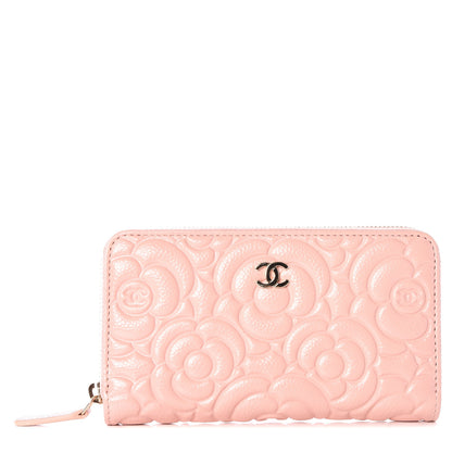 Chanel Caviar Camellia Embossed Small Zip Around Wallet Pink 1 of 11