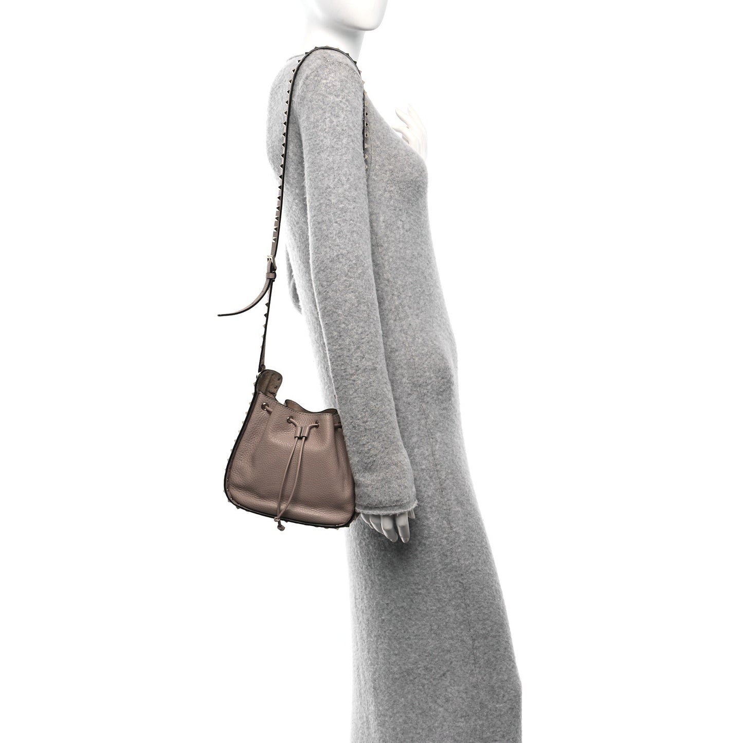 Grained Calfskin Rockstud Bucket Bag Poudre