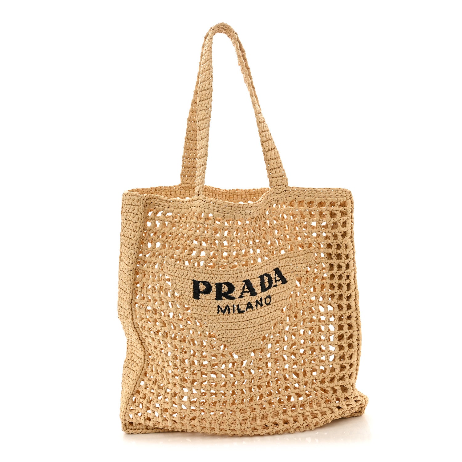 Prada Yarn Raffia Effect Crochet Logo Embroidered Tote Bag Naturale 1 of 9