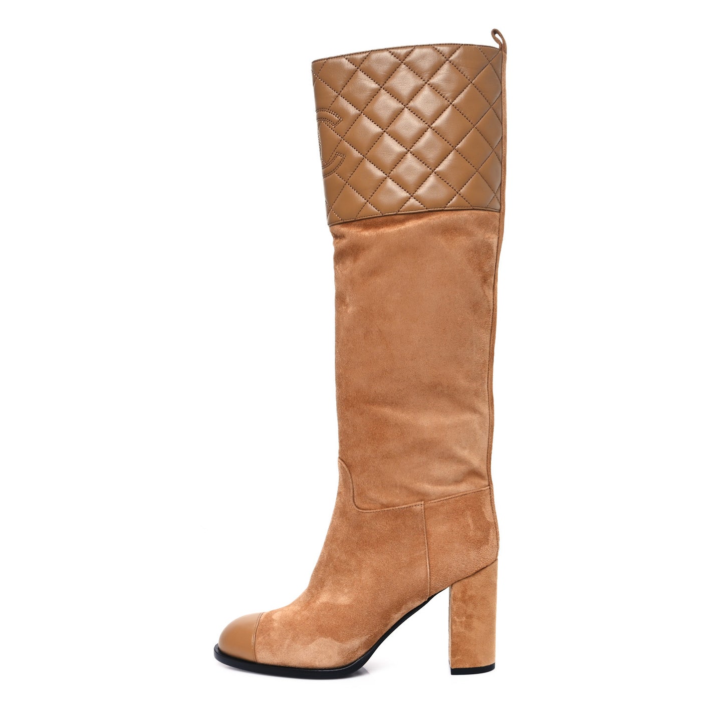 Suede Calfskin Lambskin Quilted Knee High Boots 36.5 Beige