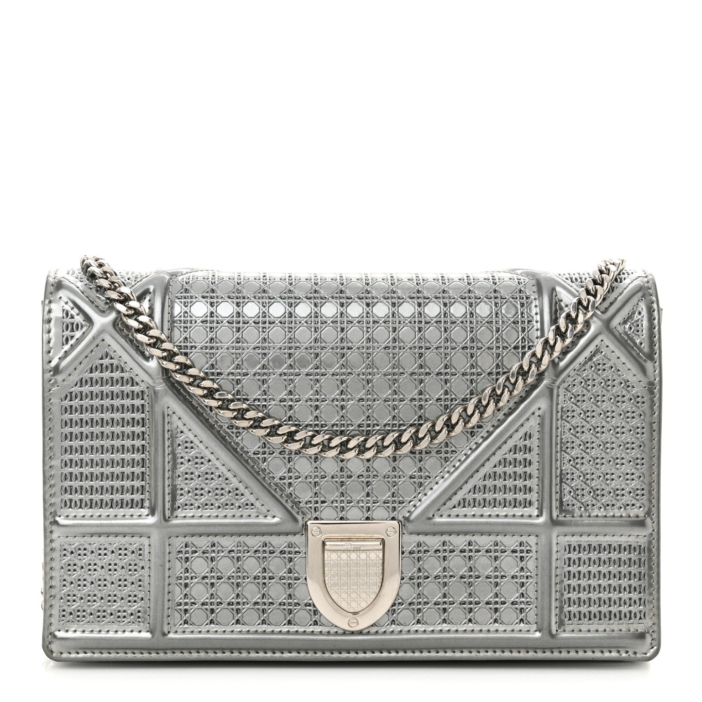 Metallic Patent Micro-Cannage Diorama Wallet on Chain Pouch Silver