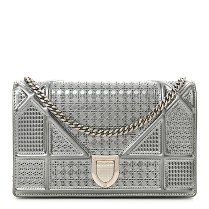 Christian Dior Metallic Patent Micro-Cannage Diorama Wallet on Chain Pouch Silver 1 of 14